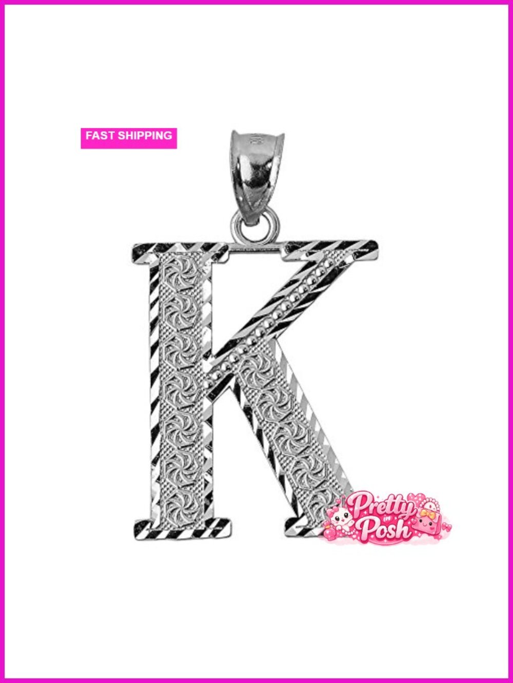 Sterling Silver Initial Letter K Charm Pendant 1.25